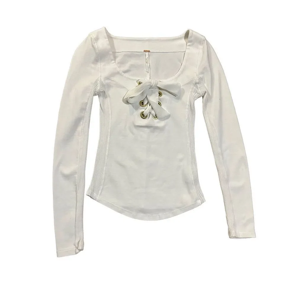 Free People White Looking Back‎ Lace-Up Top sz XS